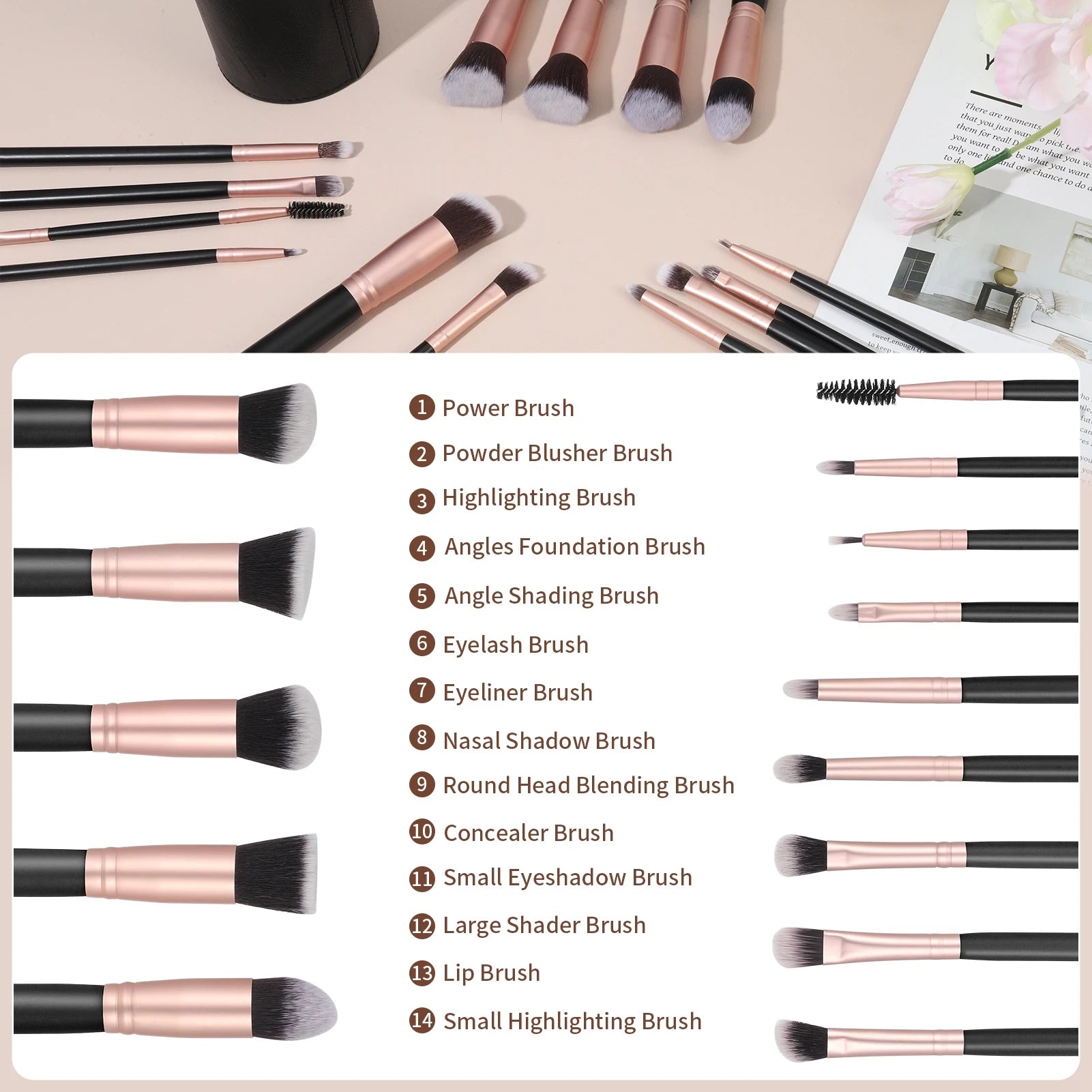 14pcs Professional Makeup Brush Set with PU Leather Holder